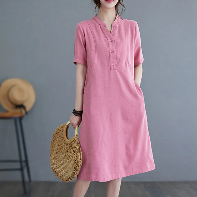Mocoer Casual Daily Pure Color Button Design Short Sleeve Cotton Linen Midi Dress With Pockets - Mocoer