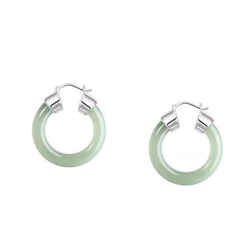 Mocoer Round Jade White Jade Prosperity Earrings - Mocoer