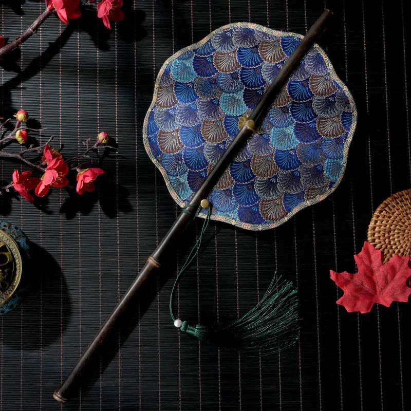 Mocoer Handmade Shell Scales Leaves Epiphyllum Pattern Long Purple Bamboo Handle Portable Curlable Fan - Mocoer