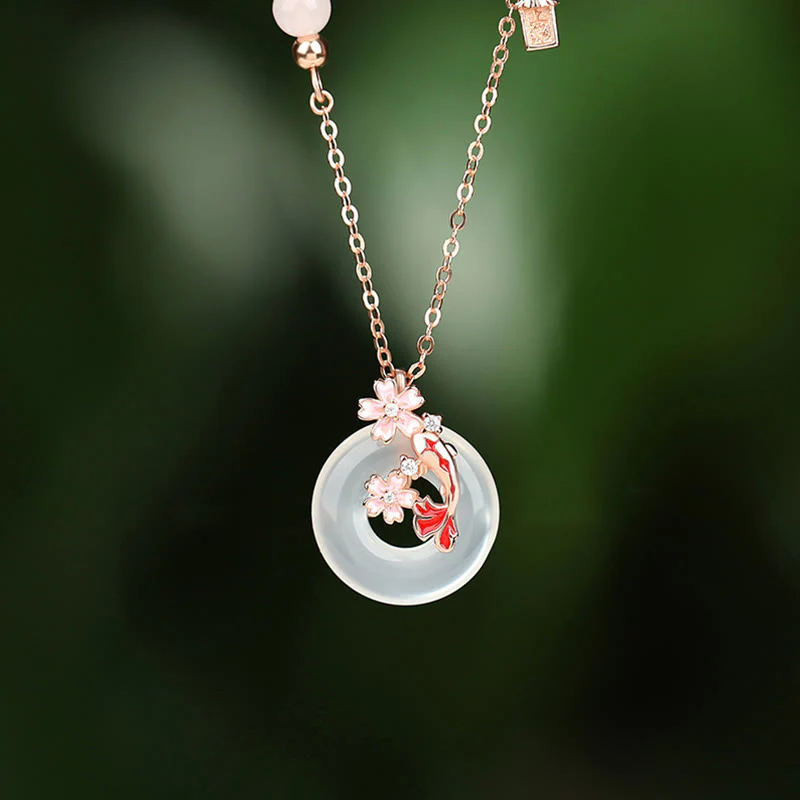 Mocoer Chalcedony Pink Crystal 925 Sterling Silver Flowers Koi Fish Peace Buckle Positive Necklace Pendant - Mocoer