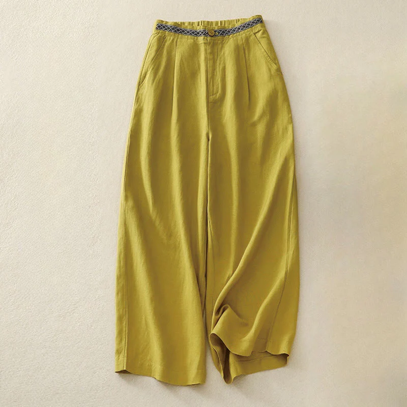 Mocoer Summer Plain Color 7-8 Length Cotton Linen Women's Wide Leg Pants With Pockets Zipper - Mocoer