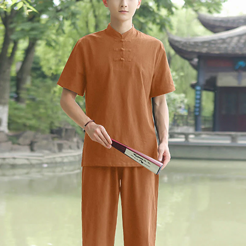 Mocoer 2Pcs Men's Short Sleeve Shirt Top T-Shirt Pants Meditation Zen Tai Chi Cotton Linen Clothing Set - Mocoer