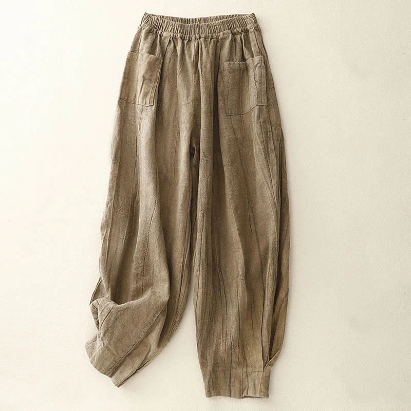 Mocoer Solid Color Carrot Type Wrinkled Design Elastic Waistband Cotton Linen Women's Pants With Pockets - Mocoer