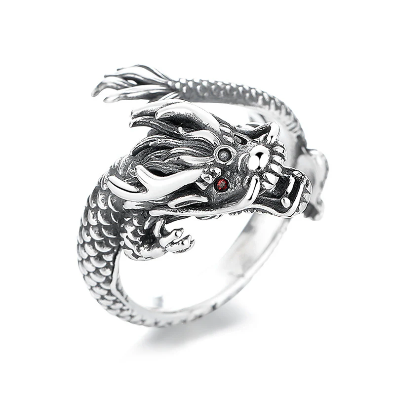 Mocoer Vintage 925 Sterling Silver Year Of The Dragon Design Luck Metal Ring - Mocoer