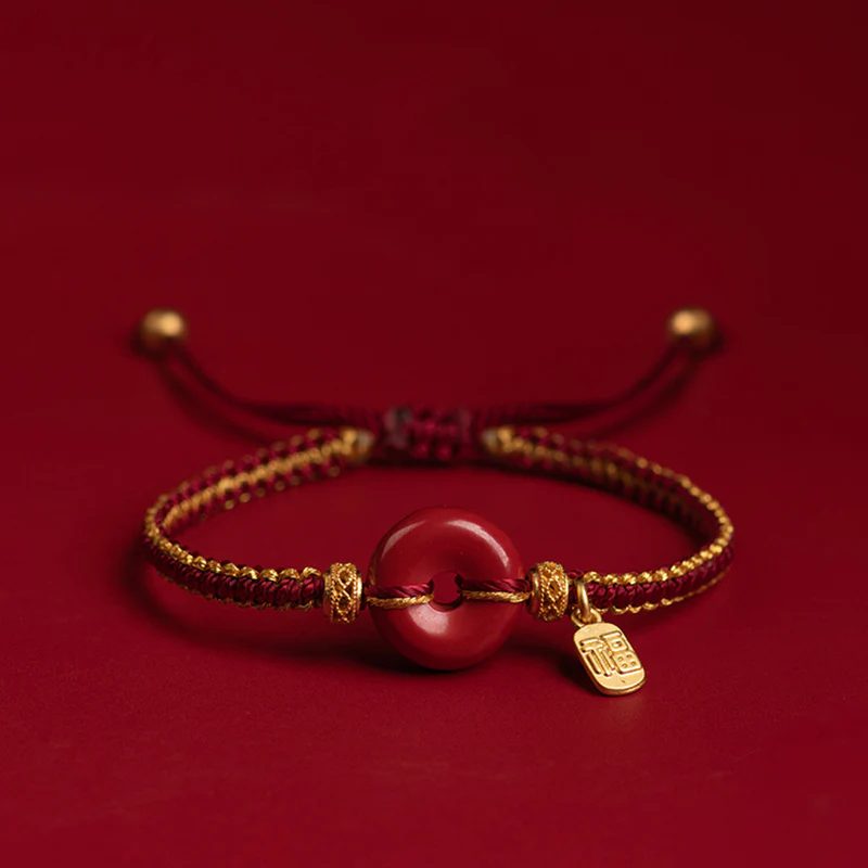 Mocoer Natural Cinnabar Peace Buckle Fu Character Charm Blessing Braided Bracelet - Mocoer