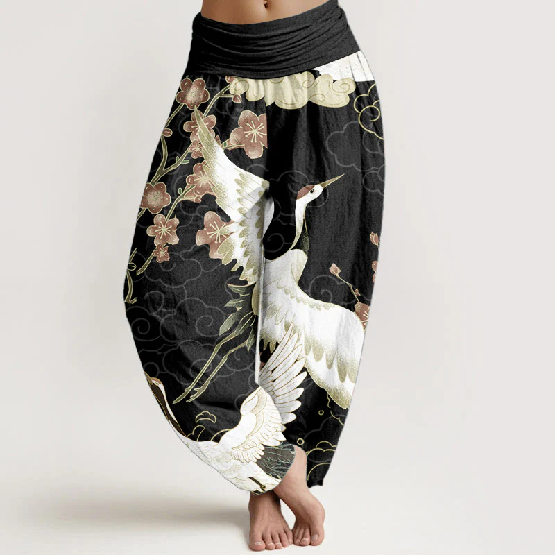 Mocoer Pure Cotton Cranes Flowers Auspicious Clouds Pattern Women's Elastic Waist Harem Pants - Mocoer