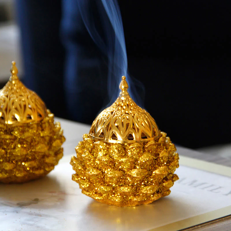 Mocoer Gold Pine Cone Pattern Spiritual Rituals Mini Incense Burner Home Tabletop Decor - Mocoer