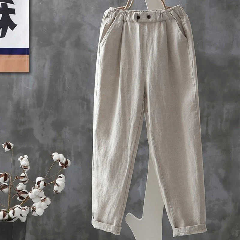 Mocoer Casual Button Cotton Linen Women's Harem Pants With Pockets - Mocoer