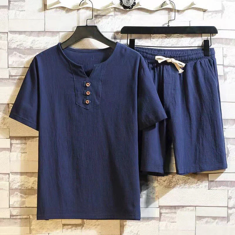 Mocoer Summer Sports 2Pcs Solid Color Notched Collar T-Shirt Drawstring Short Pants With Pockets Men's Cotton Linen Meditation Cloth Set - Mocoer