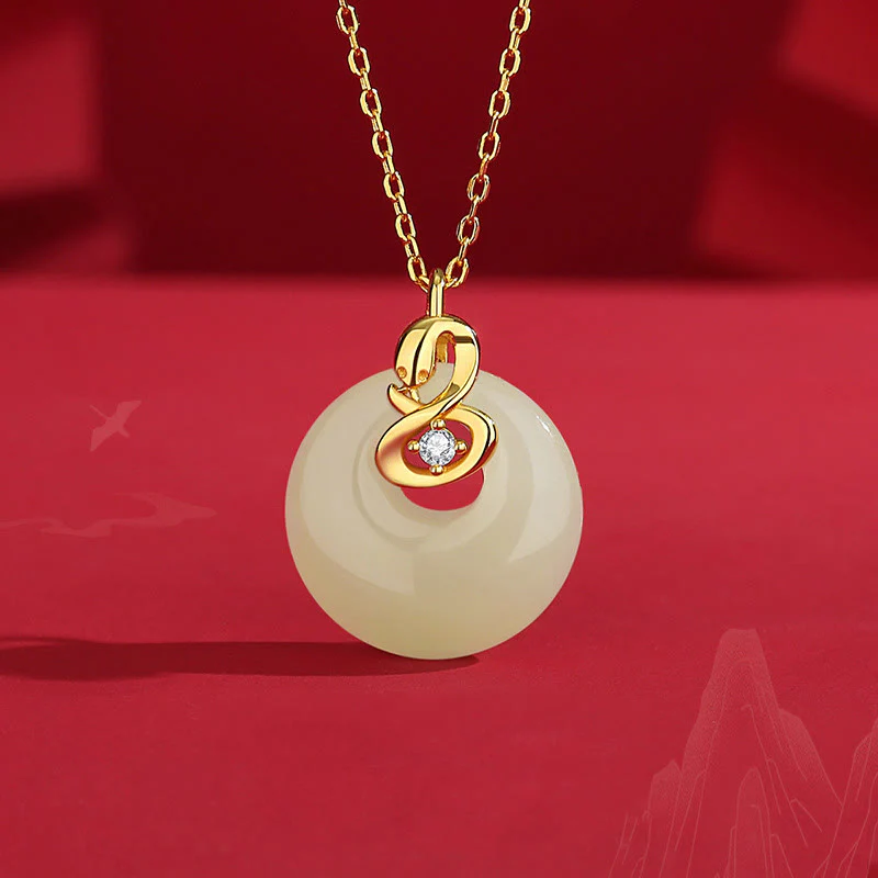 Mocoer 925 Sterling Silver Hetian Jade Year Of The Snake Peace Buckle Blessing Necklace Pendant - Mocoer