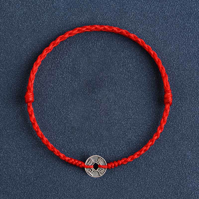 Mocoer 925 Sterling Silver Five Emperor Coins Red String Protection Luck Braided Bracelet Anklet - Mocoer
