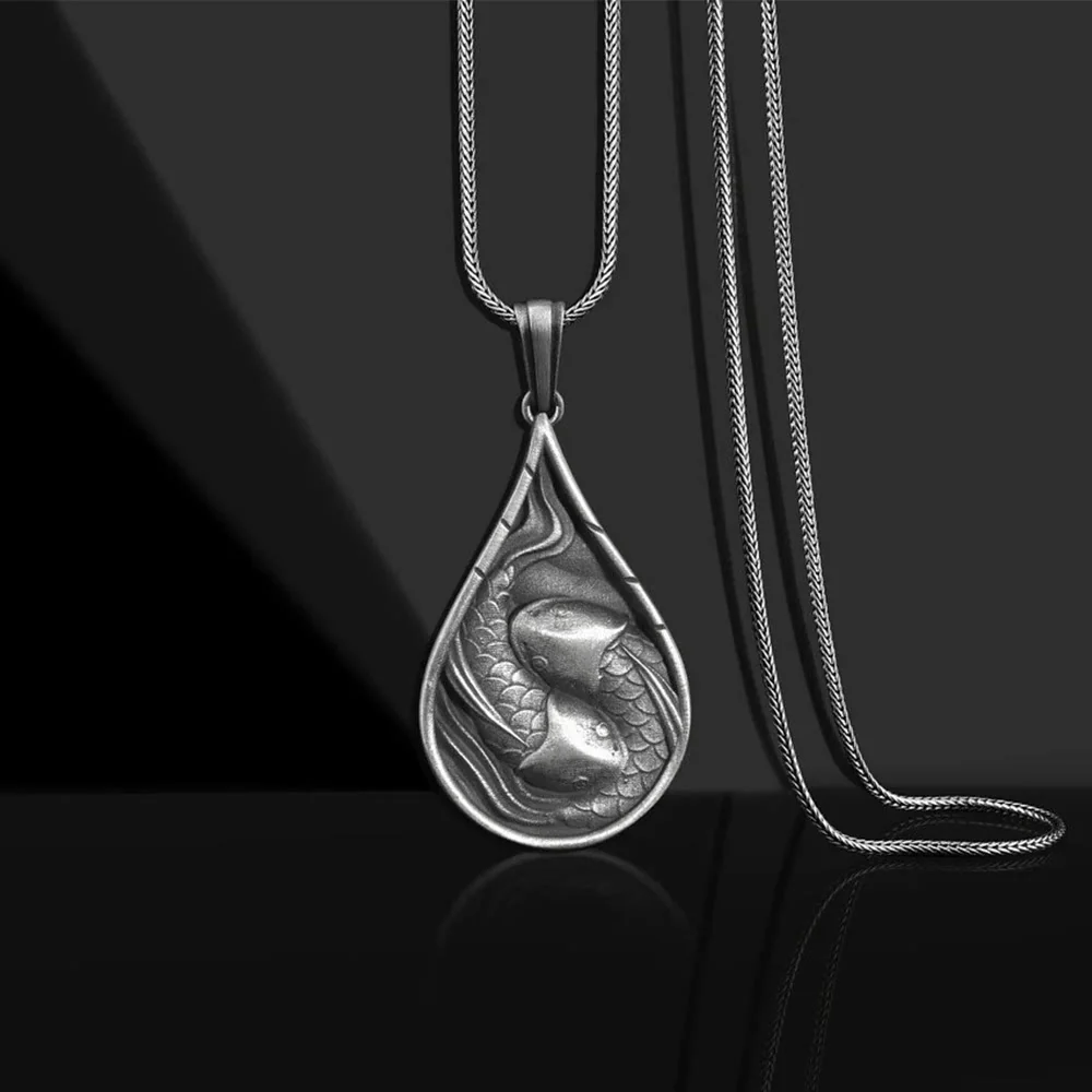 Mocoer Double Lucky Koi Fish Prosperity Pure Tin Water Drop Pattern Necklace Pendant - Mocoer