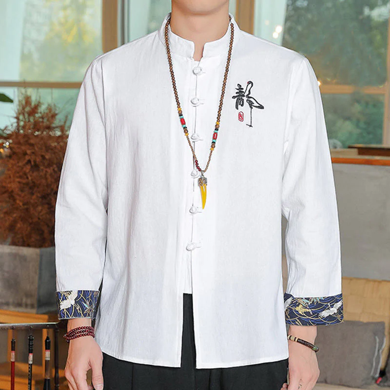 Mocoer Fall Solid Long Sleeve Frog-Button Shirt Linen Men Zen Clothing - Mocoer