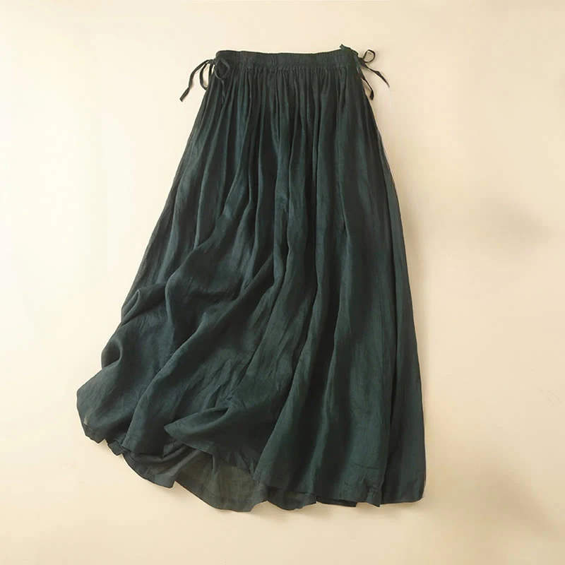 Mocoer Plain Lace Up Elastic Waist Linen Women's Skirt With Pockets - Mocoer