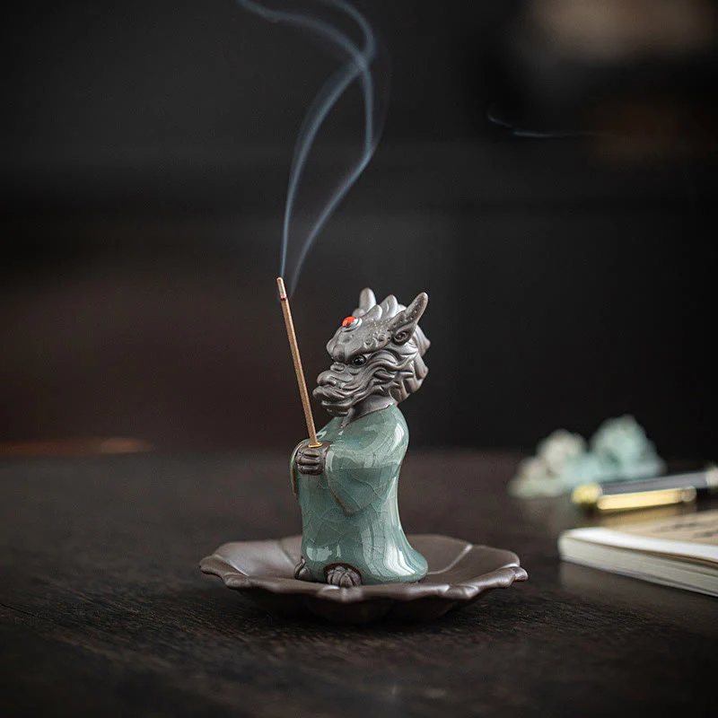 Mocoer Praying Dragon King Lotus Base Fu Character Ceramic Healing Incense Burner Desk Decoration - Mocoer
