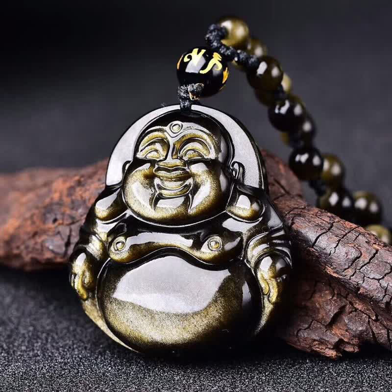 Mocoer Laughing Buddha Gold Sheen Obsidian Wealth Necklace Pendant - Mocoer
