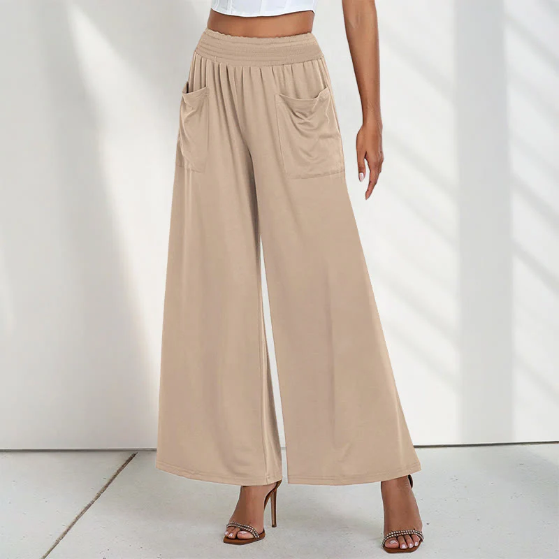 Mocoer Casual High Waist Plain Loose Women's Polyester Wide Leg Pants With Pockets - Mocoer