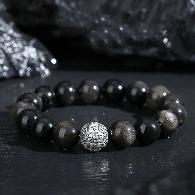 Mocoer Black Obsidian 999 Sterling Silver Purification Fu Character Transformation Bracelet - Mocoer
