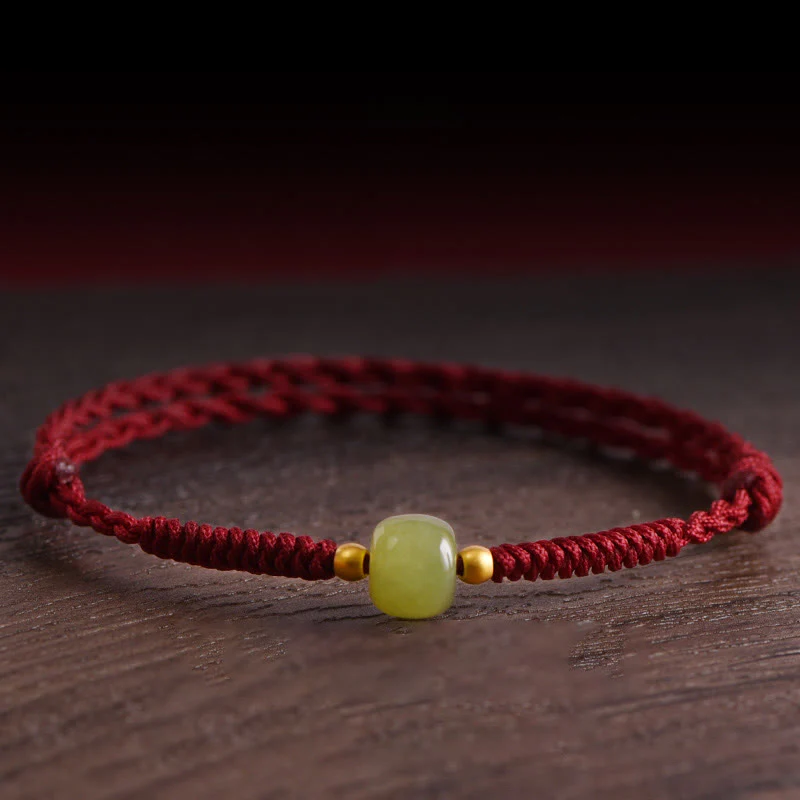 Mocoer Natural Hetian Jade 999 Gold Beads Protection Luck Braided Bracelet Anklet - Mocoer