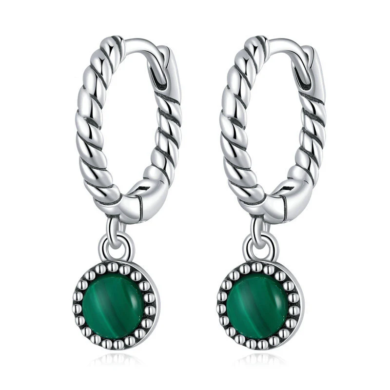 Mocoer 925 Sterling Silver Round Malachite Anti-Anxiety Drop Earrings - Mocoer