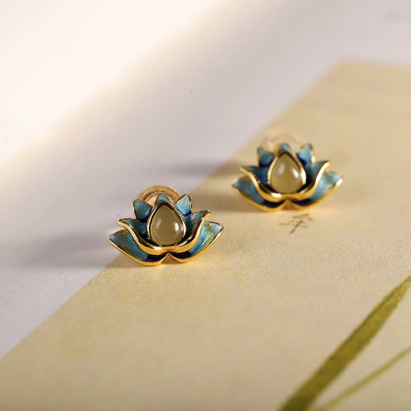 Mocoer 925 Sterling Silver Hetian Cyan Jade Lotus Flower Success Earrings - Mocoer