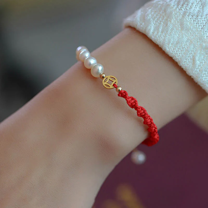 Mocoer 14K Gold Plated Pearl Bead Luck Protection Braid Red String Bracelet - Mocoer