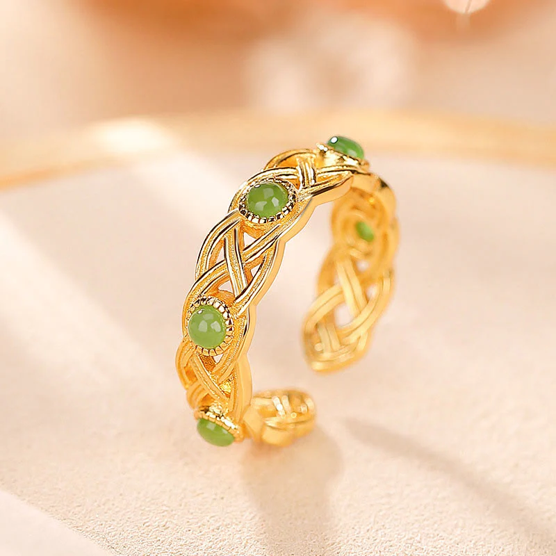 Mocoer 925 Sterling Silver Plated Gold Cyan Jade Braided Design Success Luck Adjustable Ring - Mocoer