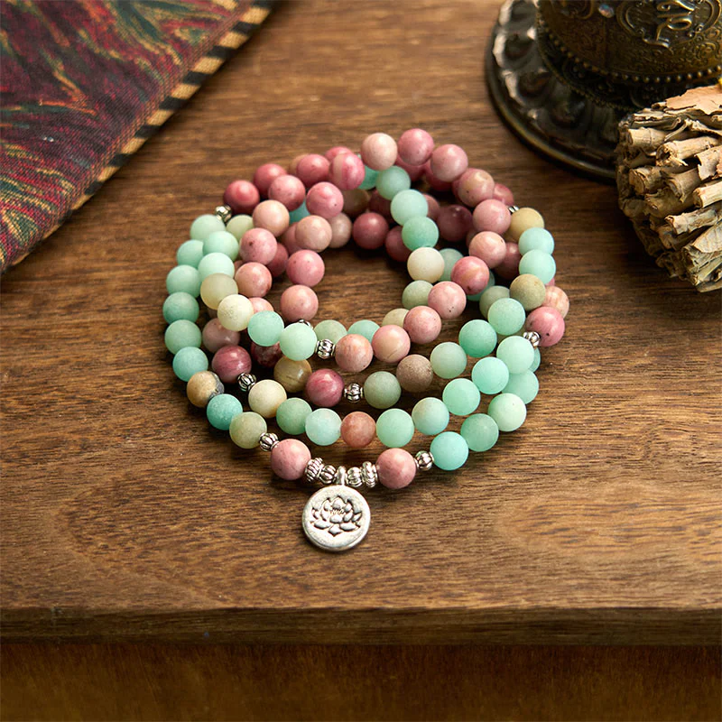 Mocoer 108 Mala Beads Rhodonite Amazonite Lotus Healing Bracelet - Mocoer