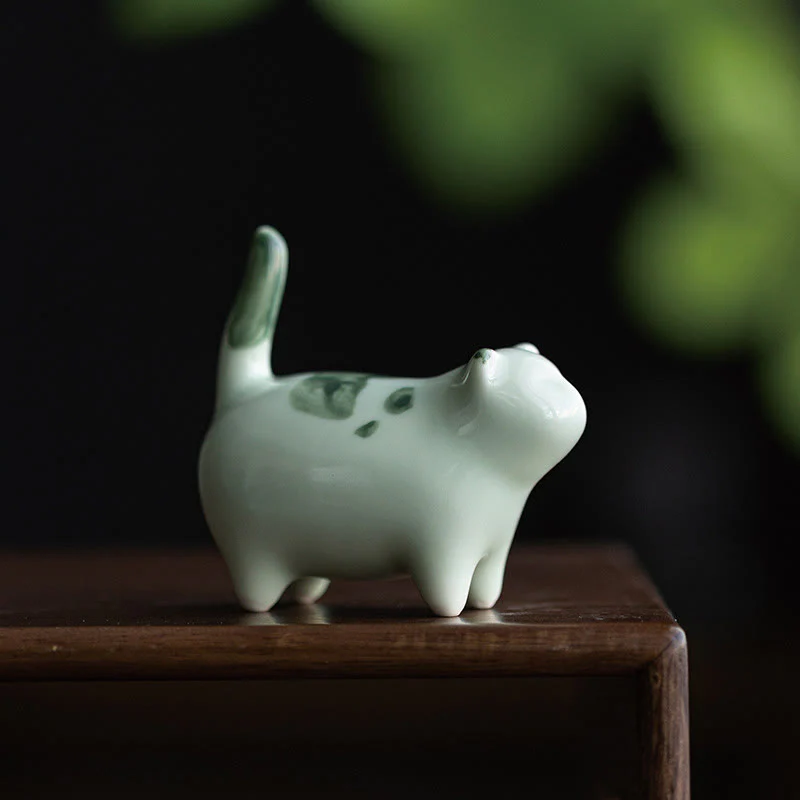 Mocoer Mini Lucky Cute Spotted Standing Cat Sleeping Kitten Ceramic Figurine Decoration - Mocoer
