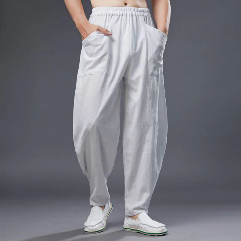 Mocoer Solid Color Cotton Ramie Linen Men's Elastic Waist Harem Pants With Pockets - Mocoer