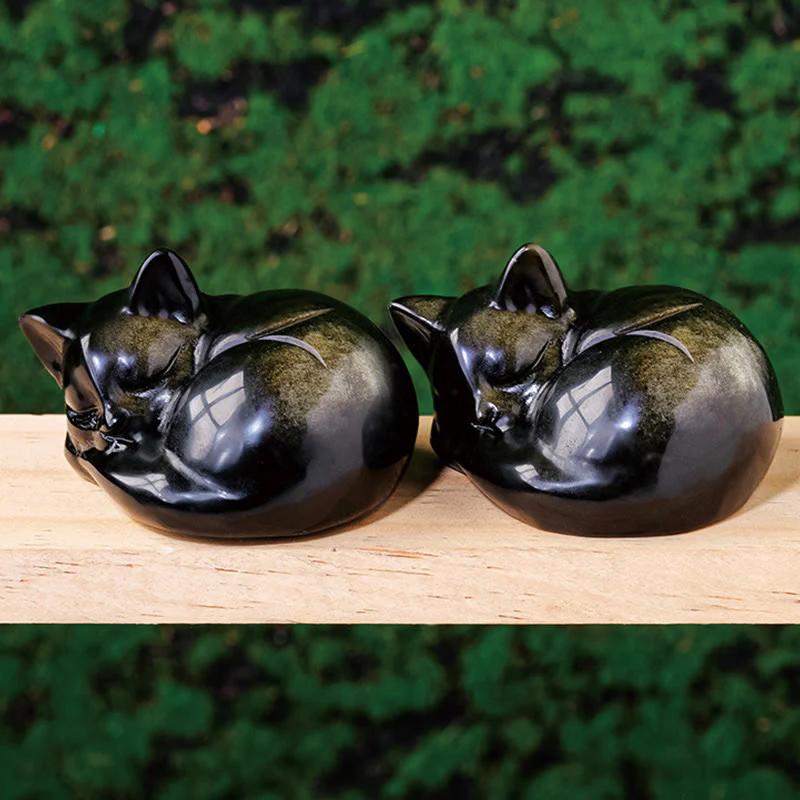 Mocoer Natural Gold Sheen Obsidian Sleeping Cat Statue Home Decoration - Mocoer
