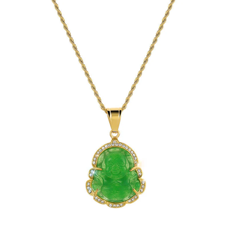 Mocoer 18K Gold Filled Laughing Buddha Jade Luck Necklace Chain Pendant - Mocoer