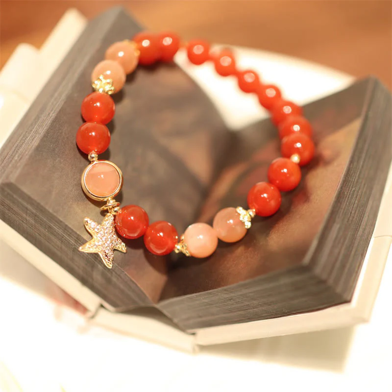Mocoer Sun Stone Peach Moonstone Red Agate Crystal Star Wealth Bracelet - Mocoer
