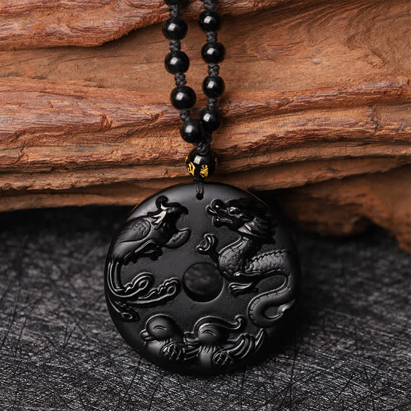 Mocoer Black Obsidian Dragon Phoenix Mandarin Duck Luck Protection Necklace Pendant - Mocoer