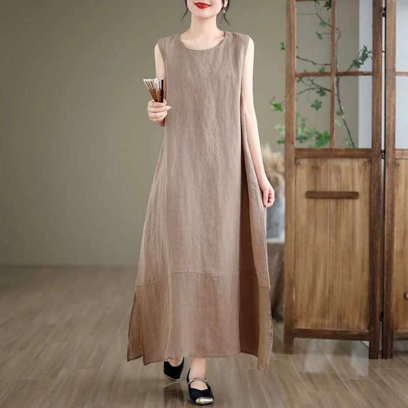 Mocoer Casual Spring Plain Irregular Sleeveless Cotton Linen Maxi Dress With Pockets - Mocoer