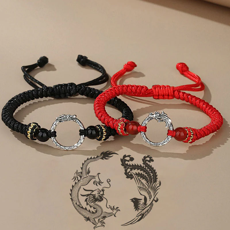 Mocoer Handmade 925 Sterling Silver Year of the Dragon Phoenix Peace Buckle Luck Couple Bracelet - Mocoer