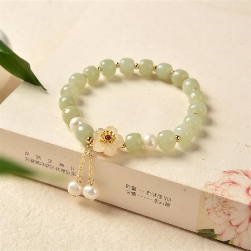 Mocoer Hetian Jade Flower Pearl Happiness Abundance Bracelet - Mocoer