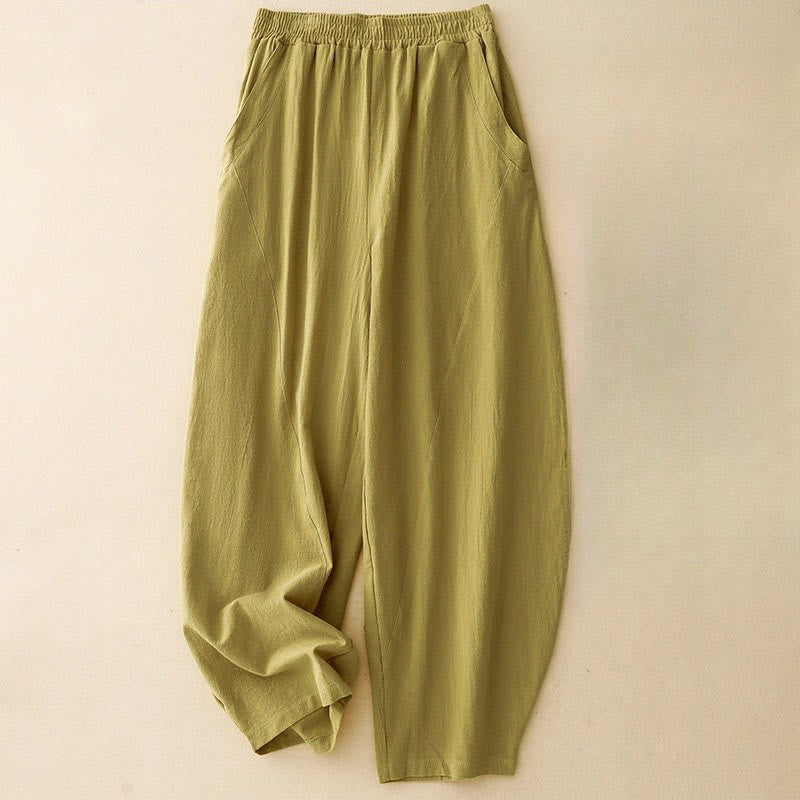 Mocoer Daily Plain Elastic Waistband Cotton Linen Women's Pants With Pockets - Mocoer