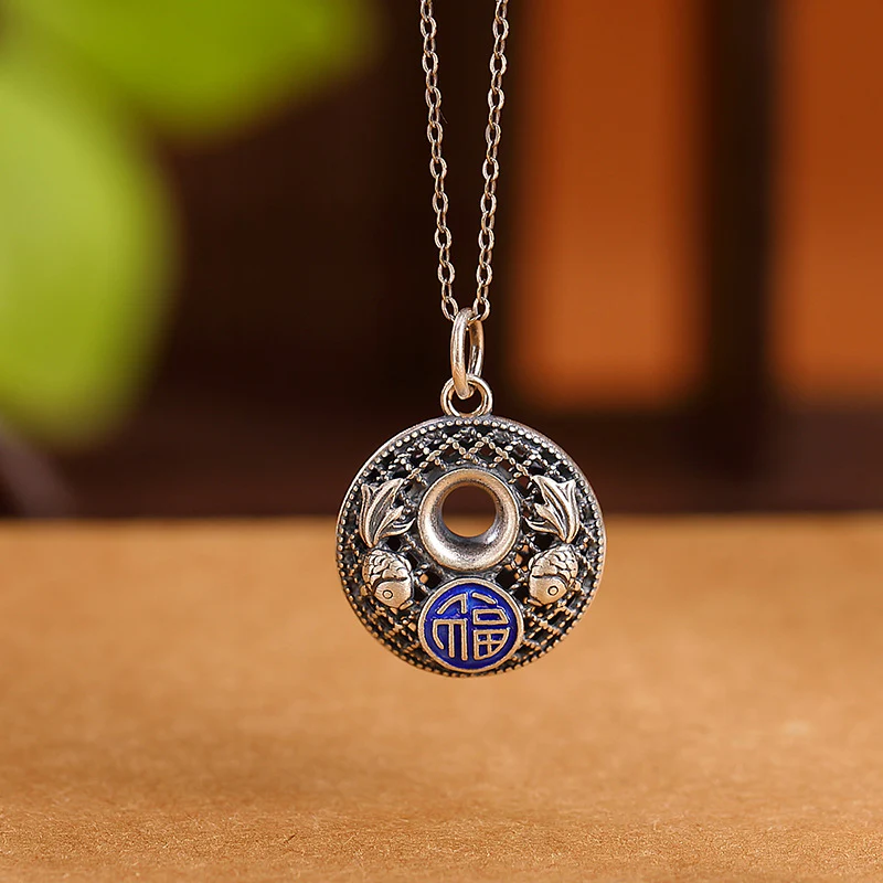 Mocoer 999 Sterling Silver Koi Fish Fu Character Lotus Peace Buckle Wealth Necklace Pendant - Mocoer