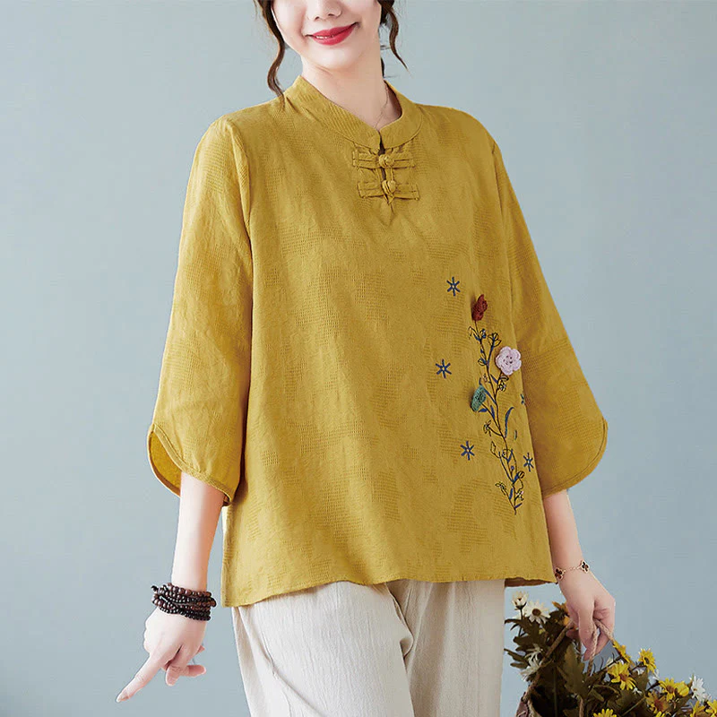 Mocoer Vintage Summer Stereoscopic Flower Embroidery Three Quarter Sleeve Frog-Button Cotton Linen Women's Shirt - Mocoer
