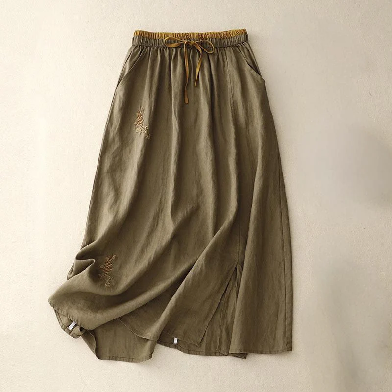 Mocoer Vintage Solid Embroidery Drawstring Cotton Linen Women's Skirt With Pockets - Mocoer