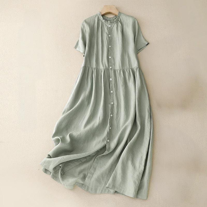 Mocoer Casual Plain Button Crew Ruffle Neck Short Sleeve Cotton Linen Women's Maxi Dress With Pockets - Mocoer