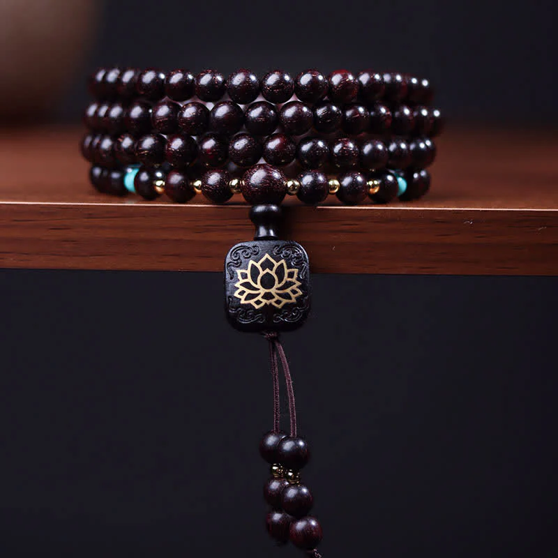 Mocoer 108 Mala Beads Tibetan Small Leaf Red Sandalwood Lotus Balance Bracelet - Mocoer