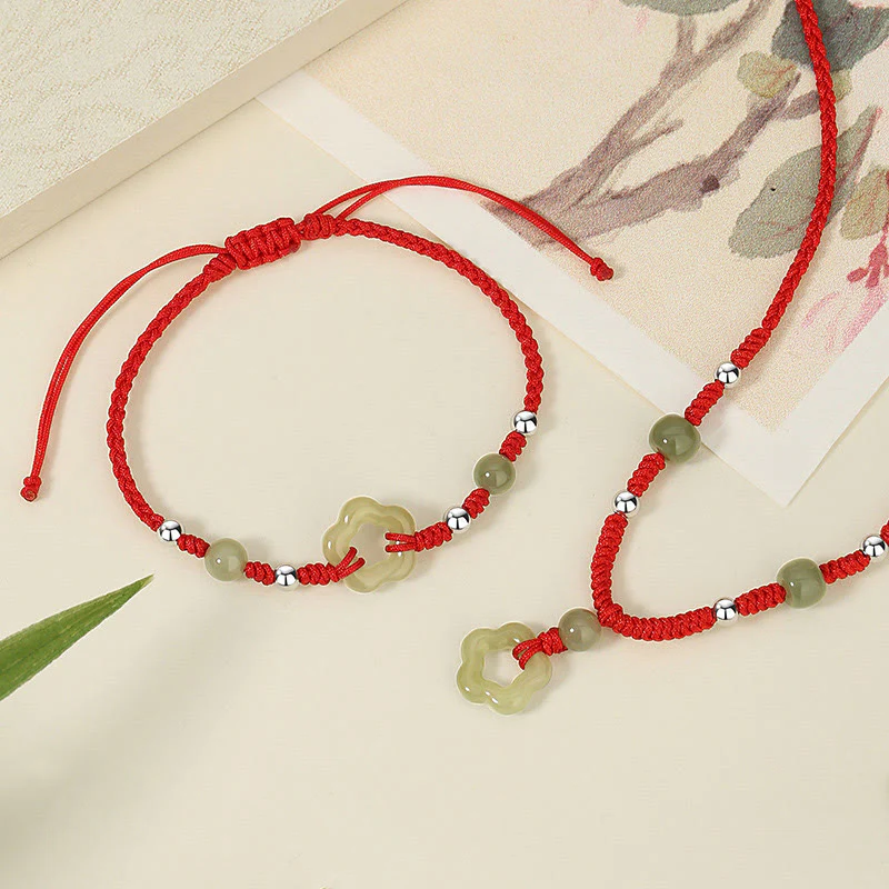 Mocoer 925 Sterling Silver Natural Hetian Cyan Jade Flower Pentagram Luck Red Rope Necklace Pendant Bracelet Set - Mocoer