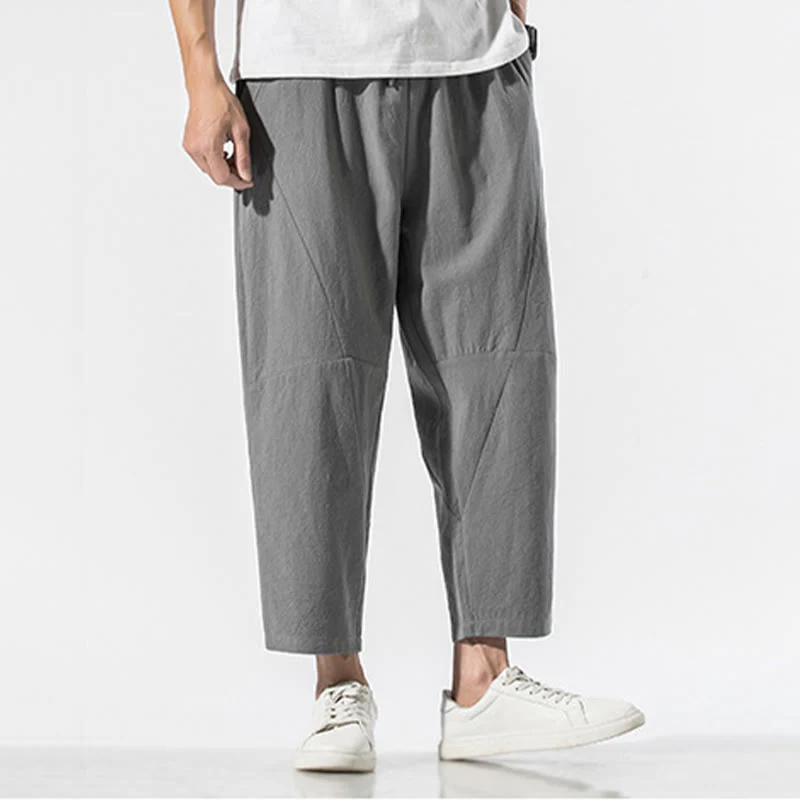 Mocoer Vintage Jacquard Solid Color Drawstring Cotton Linen Men's Harem Pants With Pockets - Mocoer