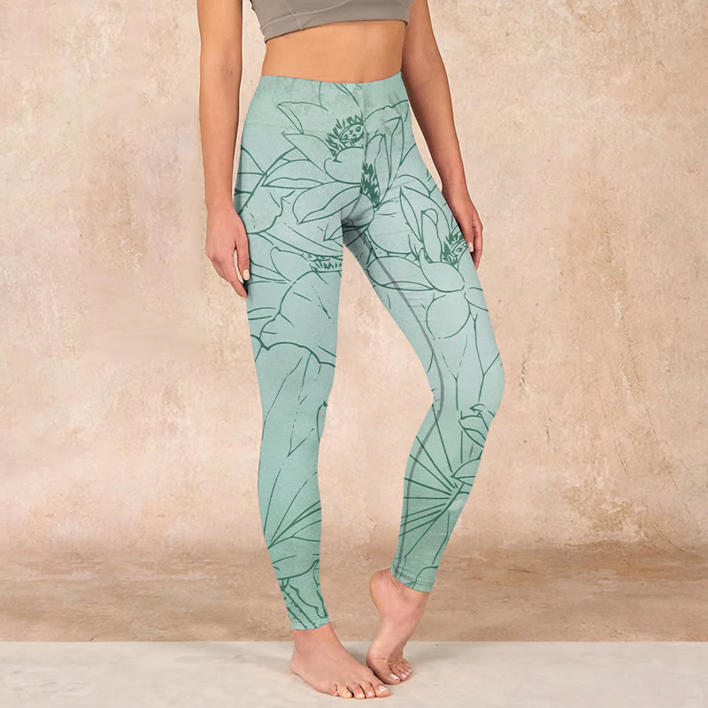 Mocoer Green Lotus Flower Print Sports Leggings Women's Yoga Pants - Mocoer