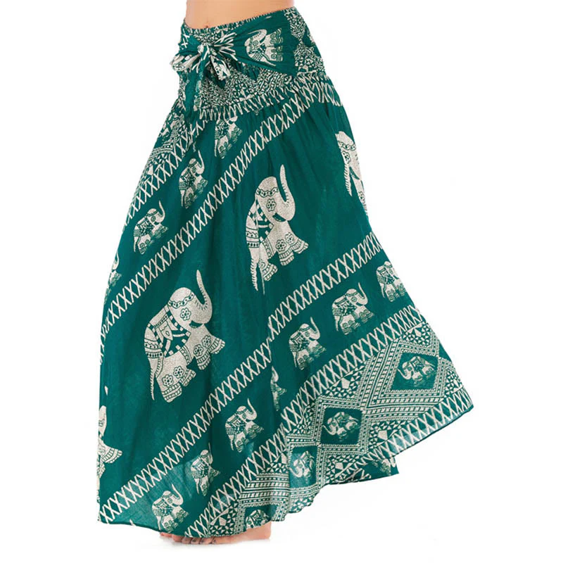 Mocoer Two Style Wear Bohemian Summer Elephant Lines Lace-up Skirt Dress - Mocoer