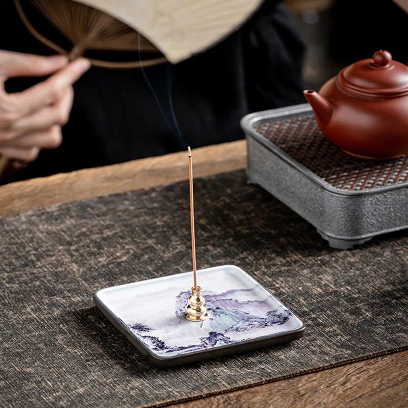 Mocoer Mountain Lake Flower Leaf Healing Ceramic Plate Tray Stick Incense Burner Decoration - Mocoer