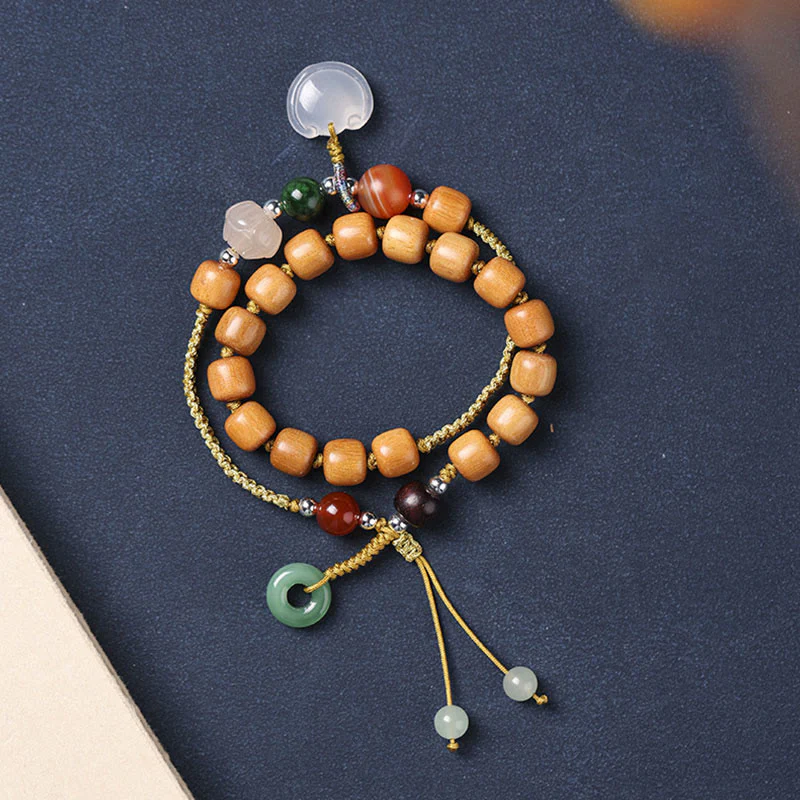 Mocoer Green Sandalwood Chalcedony Peace Buckle Charm Soothing Double Wrap Bracelet - Mocoer