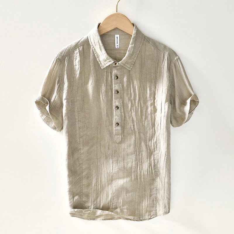 Mocoer Causal Plain Lapel Ramie Linen Half Button Men's Shirt - Mocoer